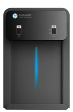 A black wall-mounted water dispenser with hot and cold water indicator buttons and a vertical blue light in the center.