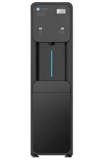 A black freestanding water dispenser with two spouts and a digital display on the upper front panel.