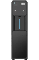 A black freestanding water dispenser with buttons and a spout on the front panel.