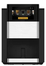 A modern beverage vending machine with a touchscreen display showing various drink options.