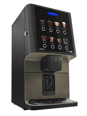 A black and silver coffee vending machine with a touchscreen displaying drink options such as espresso, cappuccino, and hot chocolate.