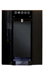 A black water dispenser with touch control buttons and a central nozzle for dispensing water.