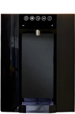 A black water purifier with a digital control panel and touch buttons on the front.