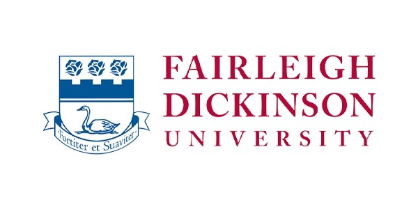 Fairleigh Dickinson University logo featuring a blue and white shield with a swan, three roses, and the motto "Fortiter et Suaviter" beside the university name in red text.