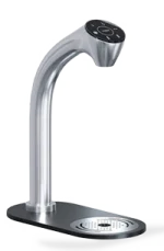 Sleek, modern water dispenser with a curved metal spout, black control panel on top, and a perforated drip tray at the base.