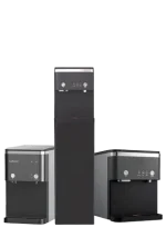 Three black water dispensers of different sizes are displayed side by side on a white background.