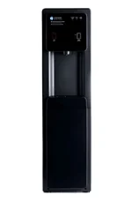 A black floor-standing water dispenser with two spouts and a control panel on the upper front.