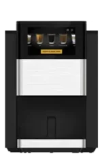A modern black and silver automatic coffee machine with a digital display showing various coffee options.