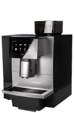 A modern automatic coffee machine with a digital display and cup tray, designed for brewing various coffee beverages.