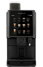 A black automatic coffee machine with a touchscreen display showing various coffee drink options and a clear bean hopper on top.