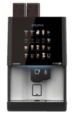 A modern coffee machine with a touchscreen display showing various drink options and two coffee bean containers on top.