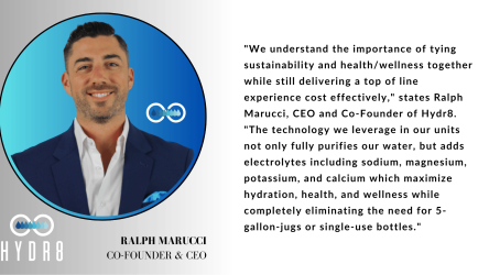 A man in a suit is shown next to a quote about HYDR8 water purification technology, discussing its health benefits and cost-effective delivery. The HYDR8 logo is also visible.