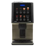 A commercial coffee vending machine with a touchscreen panel displaying various drink options and a cup dispenser area below.