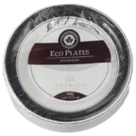 A stack of round disposable eco plates in clear packaging labeled "Eco Plates" and "Artisan Collection," containing 20 plates.