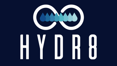 Logo with the word "HYDR8" below an infinity symbol containing eight blue water droplets, on a dark background.