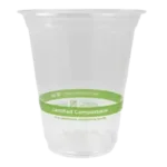 Clear plastic cup with a green band labeled "compostable" near the base, placed against a white background.