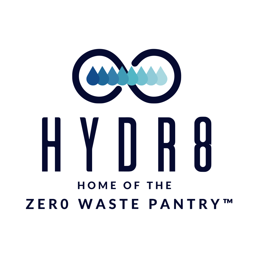 Logo with an infinity symbol made of blue water droplets above the text: "HYDR8 Home of the Zero Waste Pantry™" on a white background.
