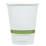 A white paper cup with a green band labeled "Certified Compostable" around the middle.