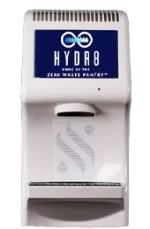 White HYDR8 water dispenser with a digital display and branding, mounted on a wall.