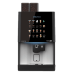 A black automatic coffee machine with a digital touch screen displaying various coffee options and two compartments on top.