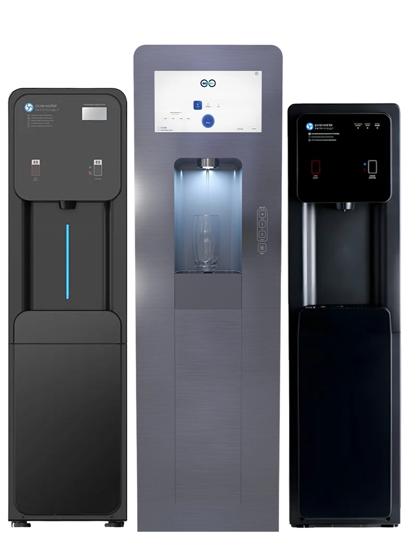 Three modern water dispensers with digital displays, featuring buttons for water dispensing and an area to place cups or bottles under the spouts.
