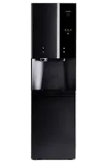 A black water dispenser with a top-loading water bottle compartment and dual dispensing spouts.