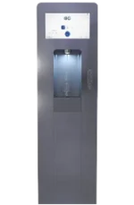 A freestanding water dispenser with a digital display at the top and a dispensing area illuminated by a light.