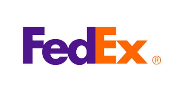 FedEx logo with "Fed" in purple and "Ex" in orange letters on a white background.