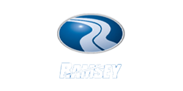 A blue oval logo featuring two white winding lines, resembling roads, above the word "RAMSEY" in bold uppercase letters.