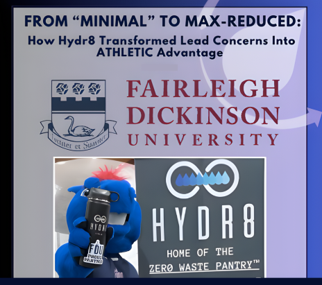 Presentation slide featuring Fairleigh Dickinson University, Hydr8 zero waste initiative, and a mascot holding a reusable bottle, with text about reducing lead concerns in athletics through improved campus hydration systems.